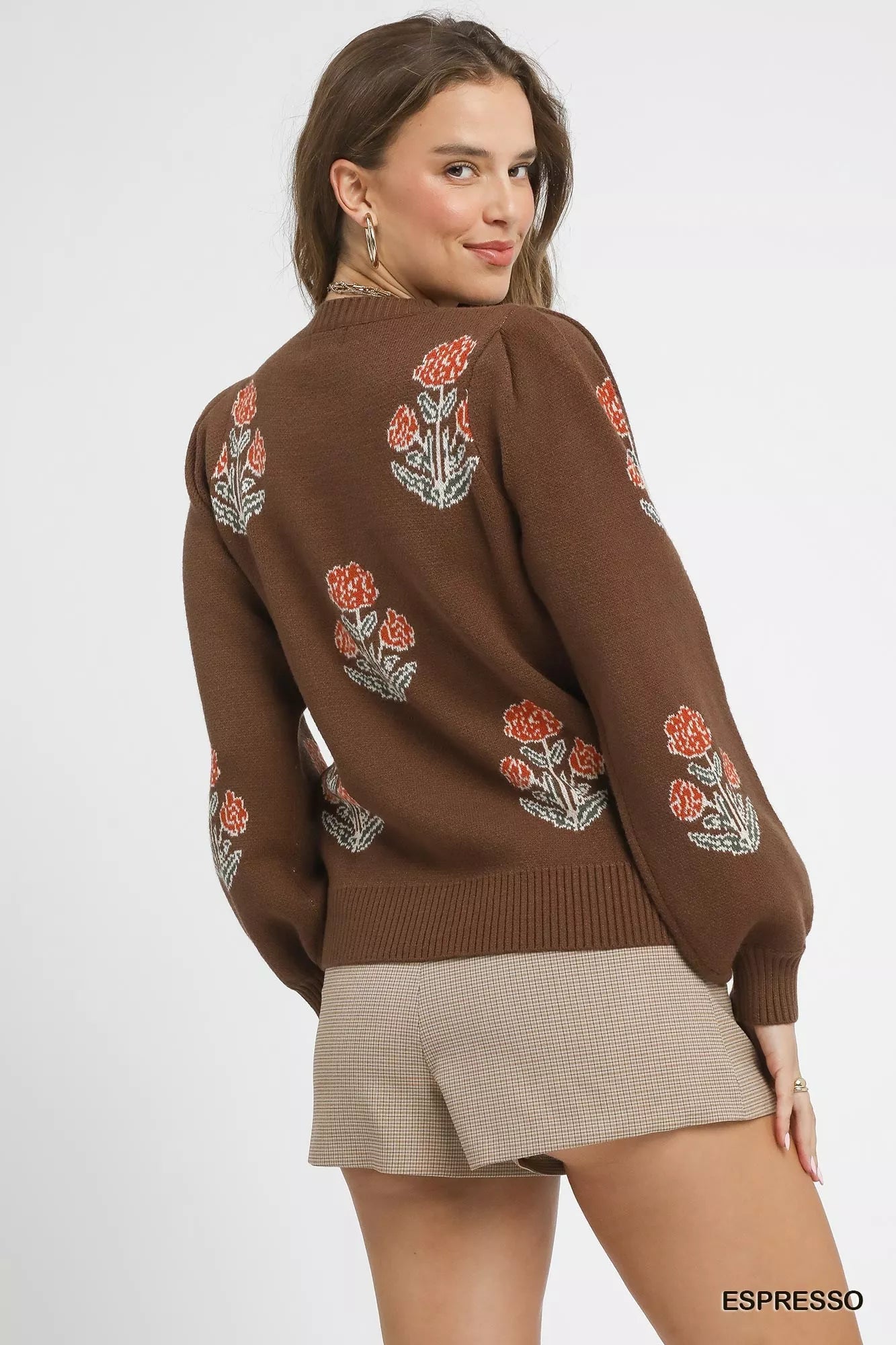Caramel sweater red flowers crew neck - back