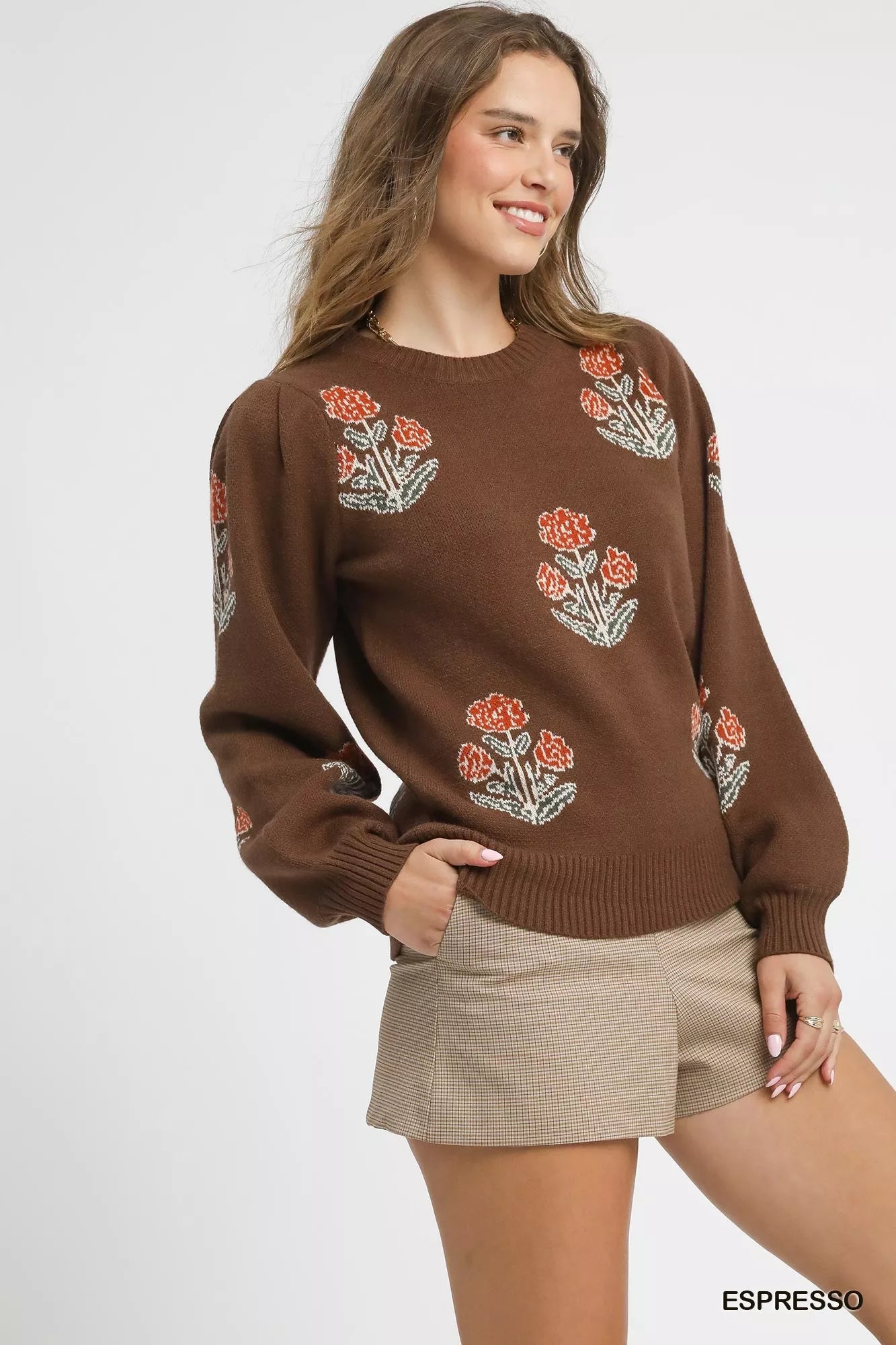Caramel sweater red flowers crew neck - right side