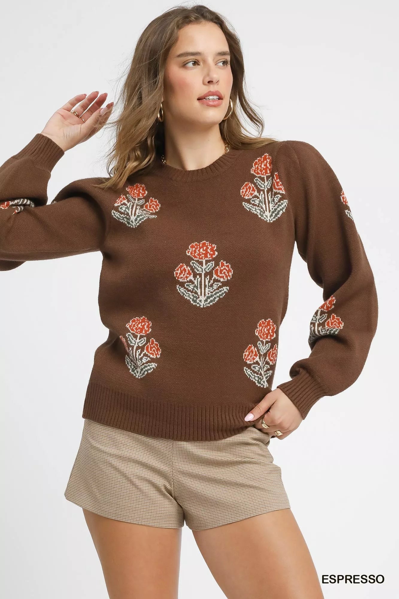 Caramel sweater red flowers crew neck - front
